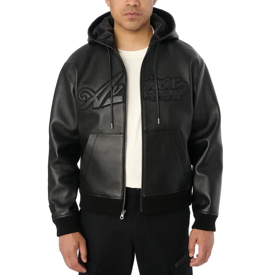 Avirex SCRIPT LEATHER HOODIE (Black)